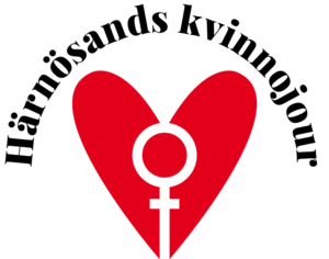 Härnösands kvinnojours logga där deras namn står i svart och nedanför är ett rött hjärta med ett kvinnotecken i